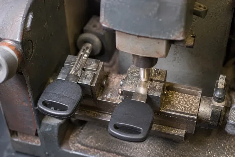 Two black-headed keys clamped in a bench machine, one beneath a vertical cutter, with metal shavings around the clamps. — Spare Car Key Duplication, Hamilton