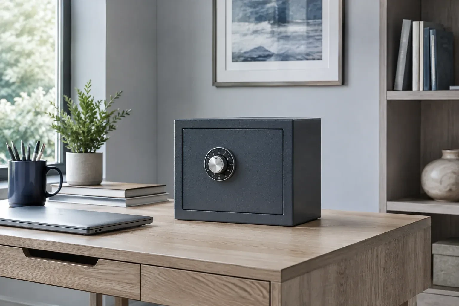 Small dark safe with a combination dial on a wooden desk beside a closed laptop and books. — Safe Opening & Combination Change, Hamilton