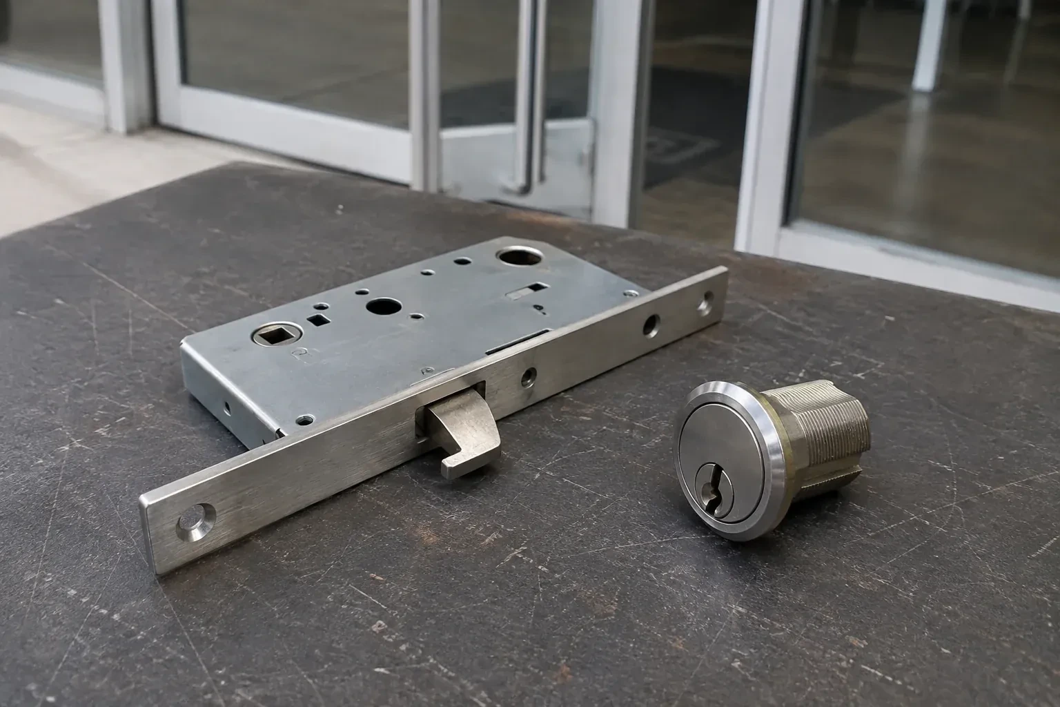 Detached mortise lock body with a projecting hook-shaped bolt beside a threaded cylinder. — Commercial-Grade Lock Replacement, Hamilton