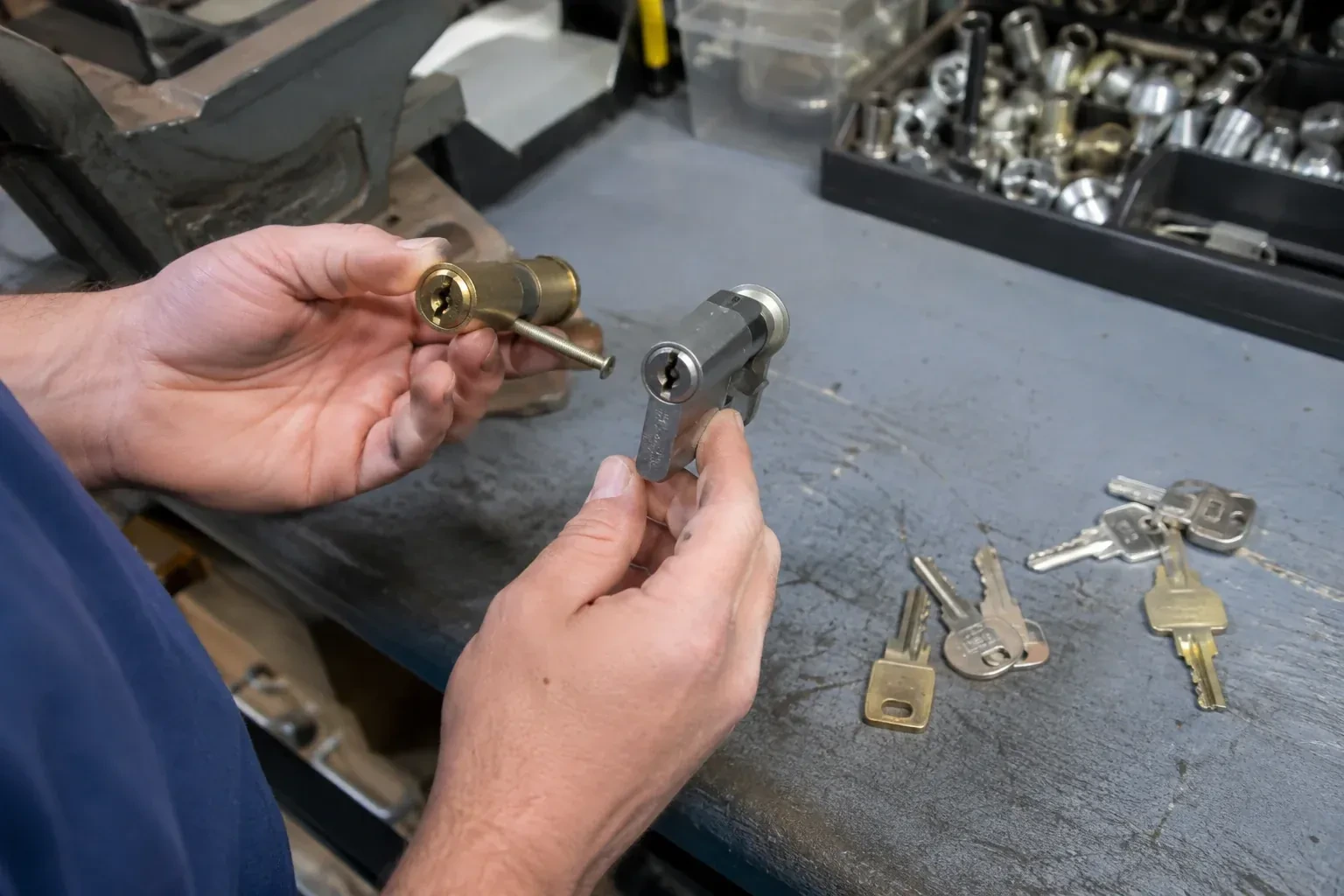 Hands comparing detached lock cylinders beside loose keys on a workbench. — Broken Key Extraction, Hamilton