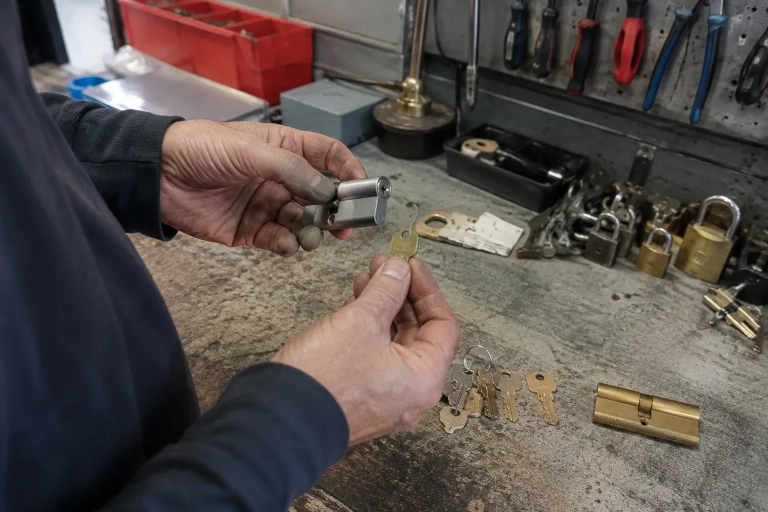 Hands holding a silver-colored lock cylinder and a brass-colored key above a workbench with padlocks, keys and tools. — Master Key System Design, Hamilton