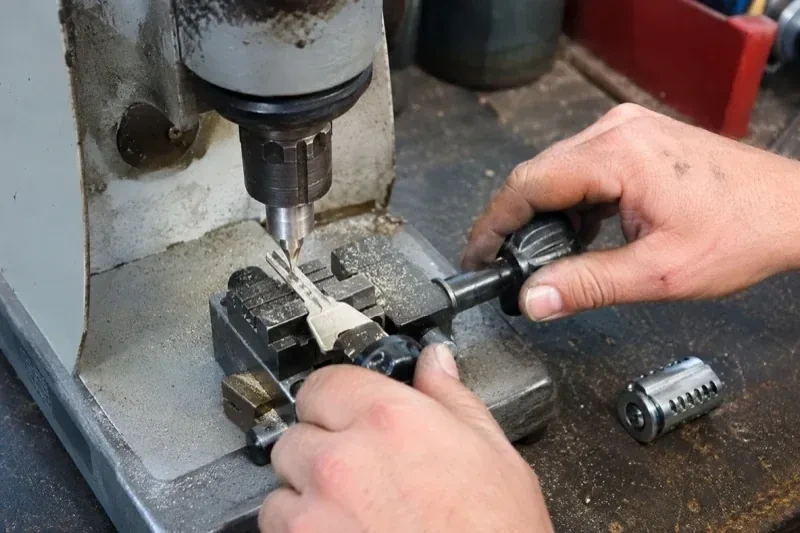 Hands operating a bench-mounted machine with a key clamped beneath a vertical cutter and a loose lock cylinder nearby. — Car Key Replacement, Hamilton