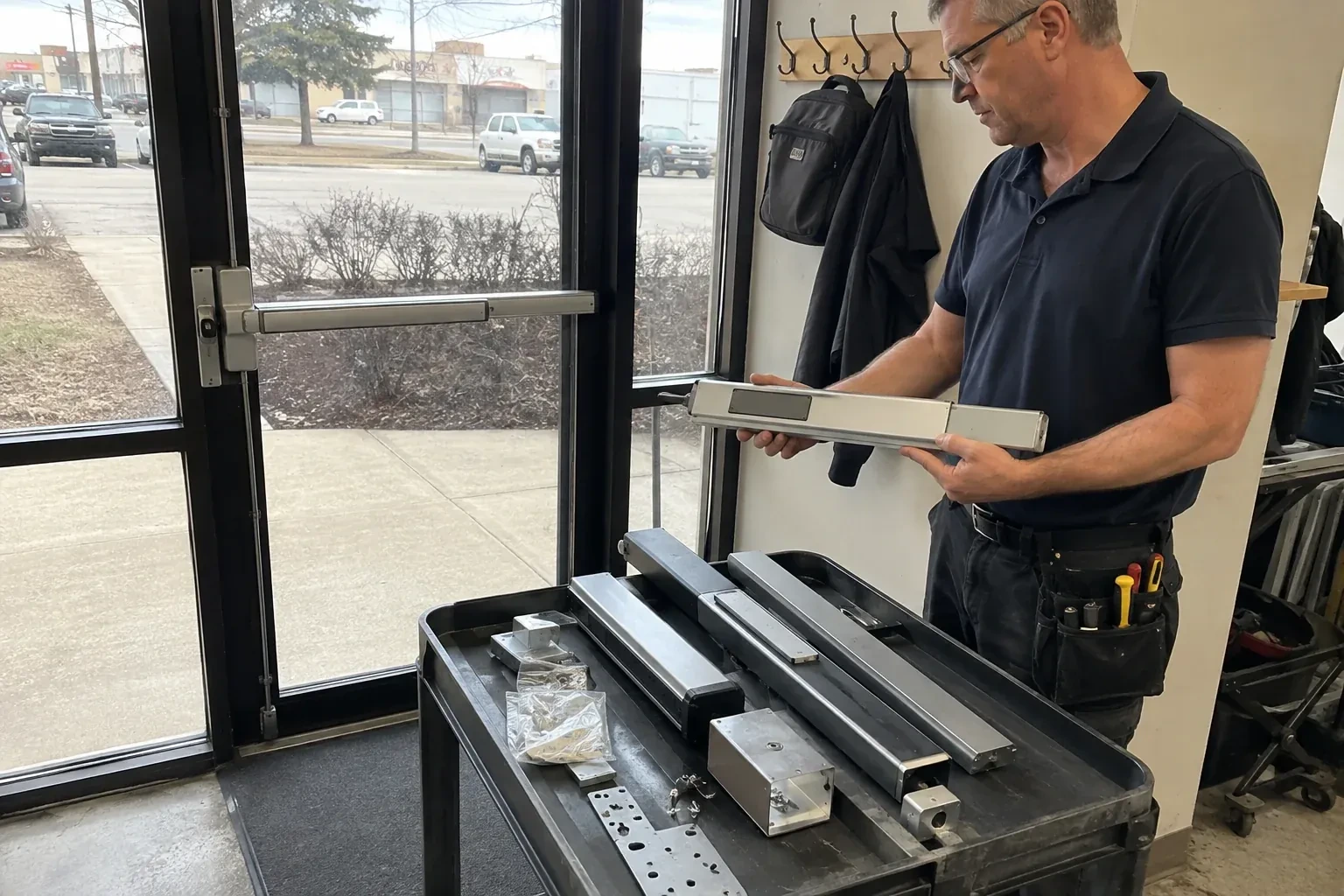 Person holding a long metal door-hardware assembly beside a cart of similar parts and a glass door fitted with a push bar. — Panic & Exit Hardware, Hamilton