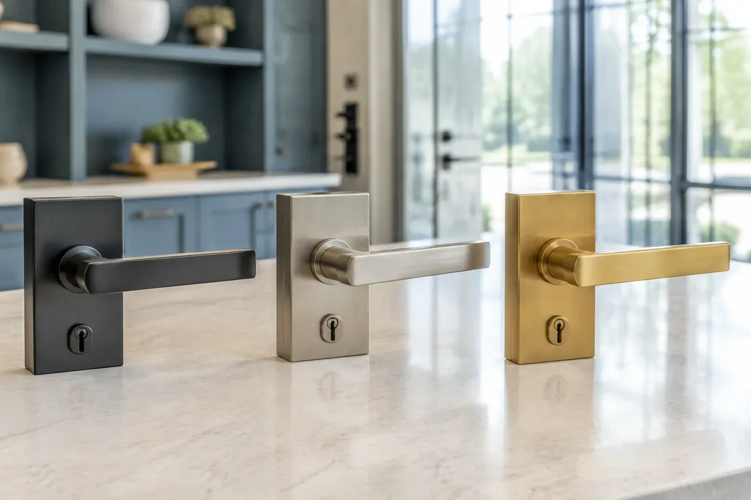 Three rectangular door-handle sets with keyholes in black, silver-colored and gold-colored finishes standing on a countertop. — Commercial Rekeying, Hamilton