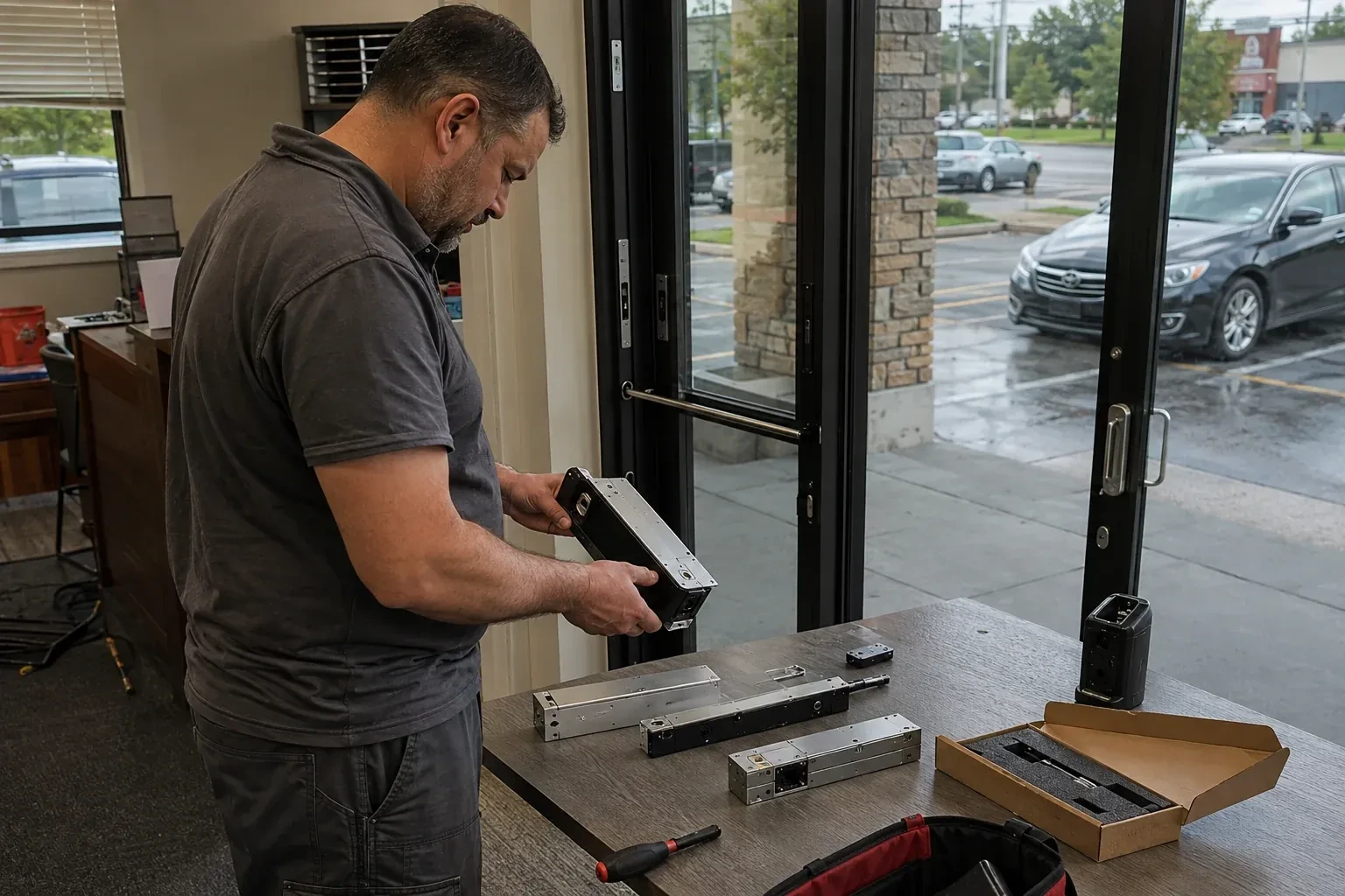 Person holding a rectangular door-hardware housing at a table with additional metal assemblies beside a glass entrance. — Access Control Installation, Hamilton