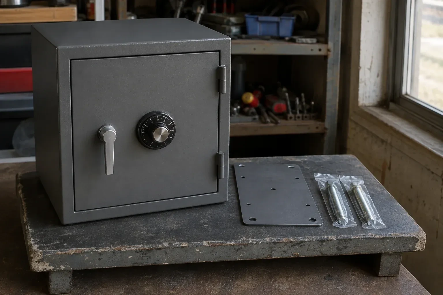 Closed small safe beside a metal plate and packaged fasteners on a workshop bench. — Safe Installation & Servicing, Hamilton