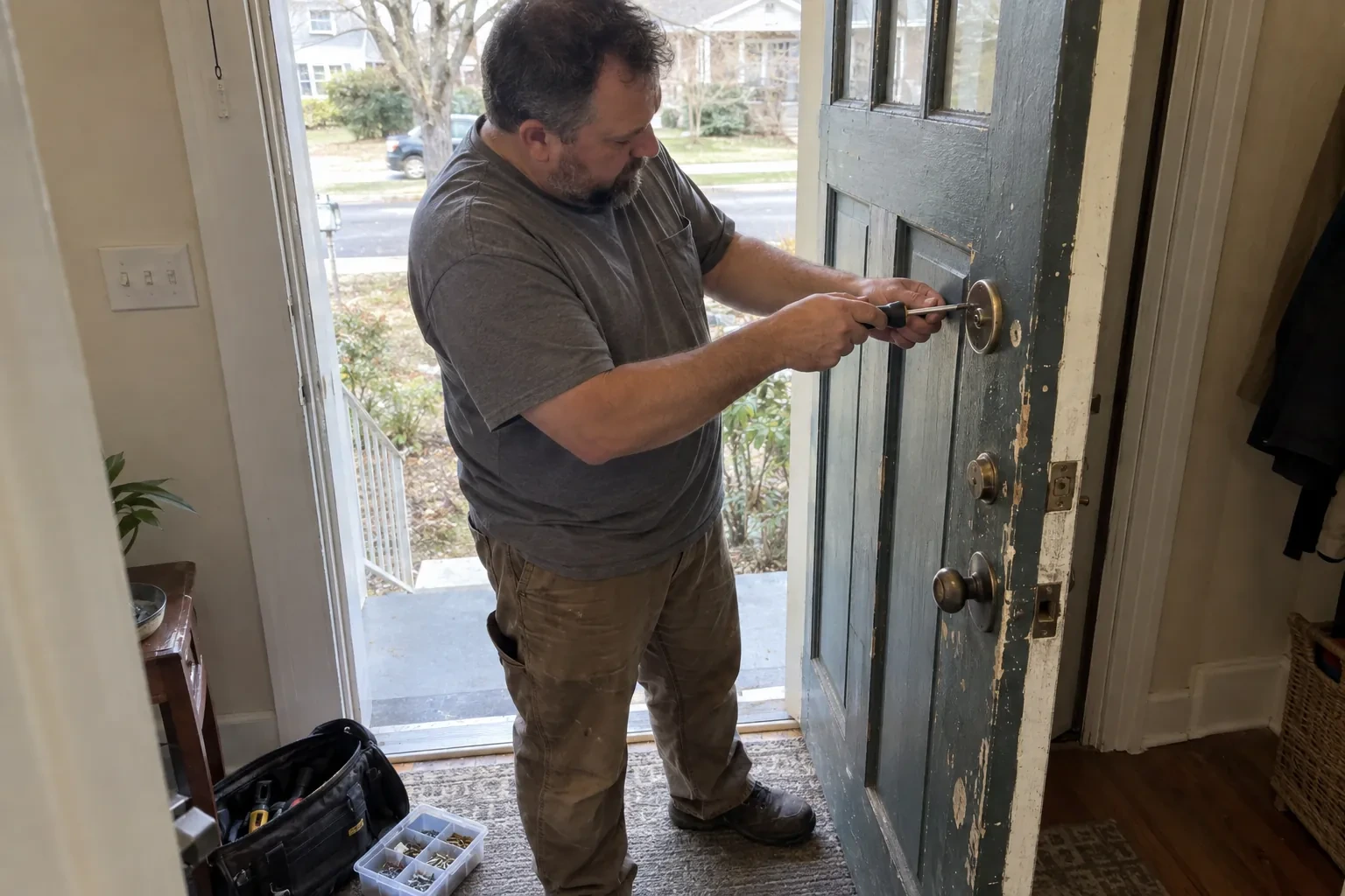 Technician using a screwdriver on the deadbolt of an open blue-gray front door, with a tool bag and screw tray nearby. — Deadbolt Installation, Hamilton