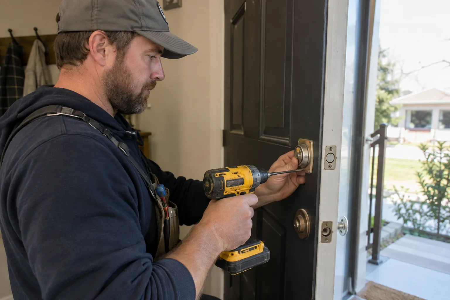 Technician with a yellow cordless drill and thin screwdriver bit fastening a brass-colored lock plate on a dark paneled front door.