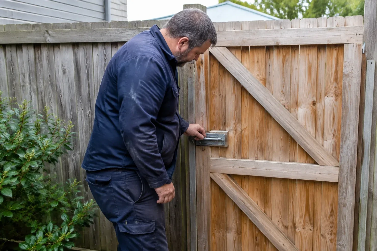 Person touching the sliding metal bolt on a wooden garden gate. — Gate & Building Entry Locks, Hamilton