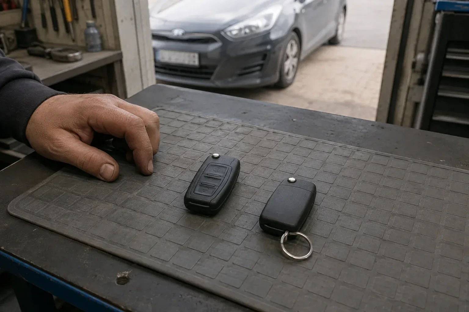 Two vehicle remote fobs on a work mat beside a technician’s hand, with a parked car beyond. — Key Fob Programming, Hamilton
